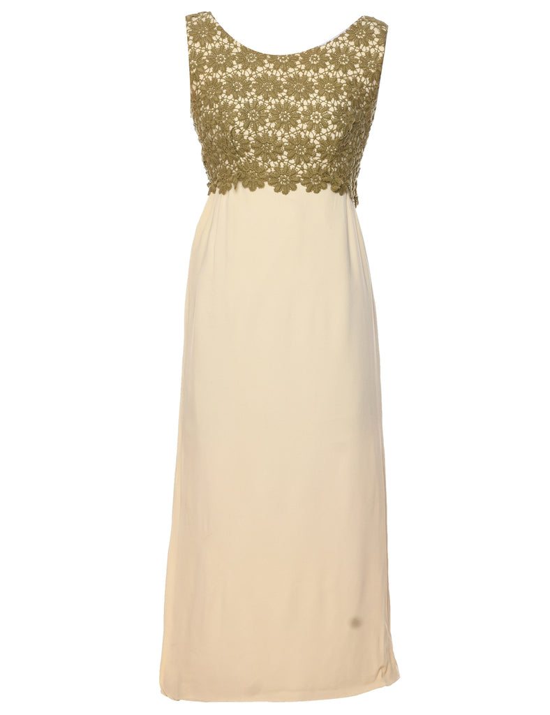 1970s Pale Yellow Crochet Detail Maxi Dress - S