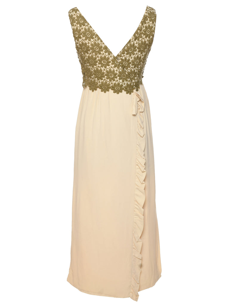 1970s Pale Yellow Crochet Detail Maxi Dress - S