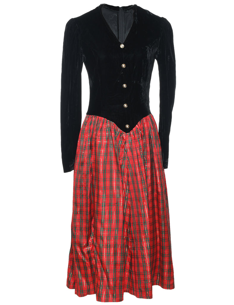 1980s Velour Black & Red Checked Evening Dress - M