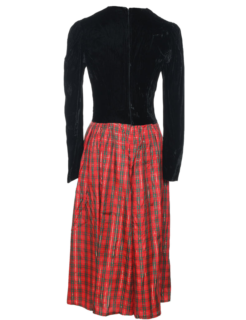 1980s Velour Black & Red Checked Evening Dress - M