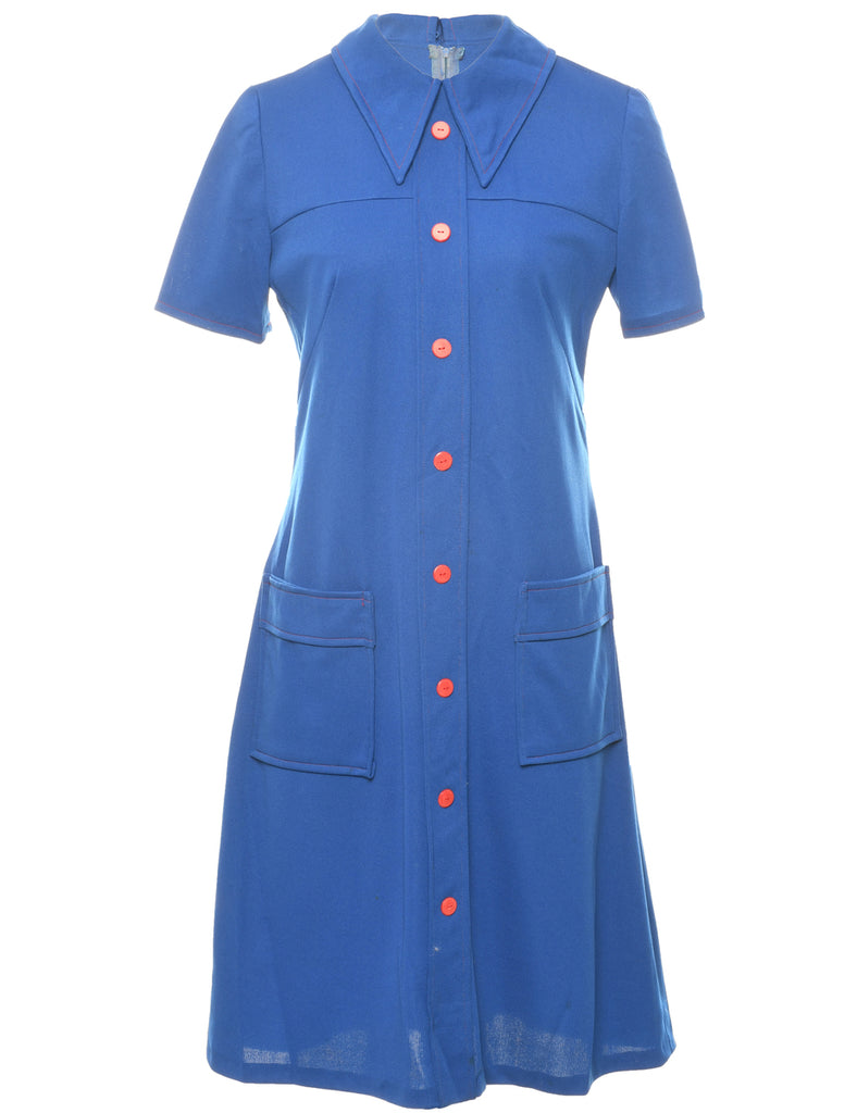 70's Collar Blue Dress - M