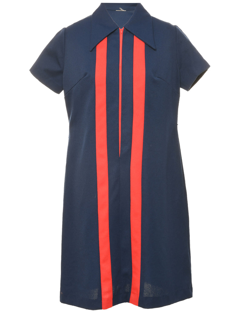 70's Collar Navy Dress - L