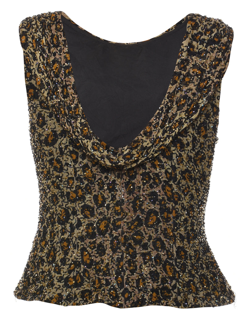 Animal Print Beaded Silk Party Top - M