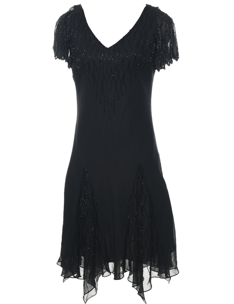 Beaded Black Handkerchief Hem Evening Dress - L