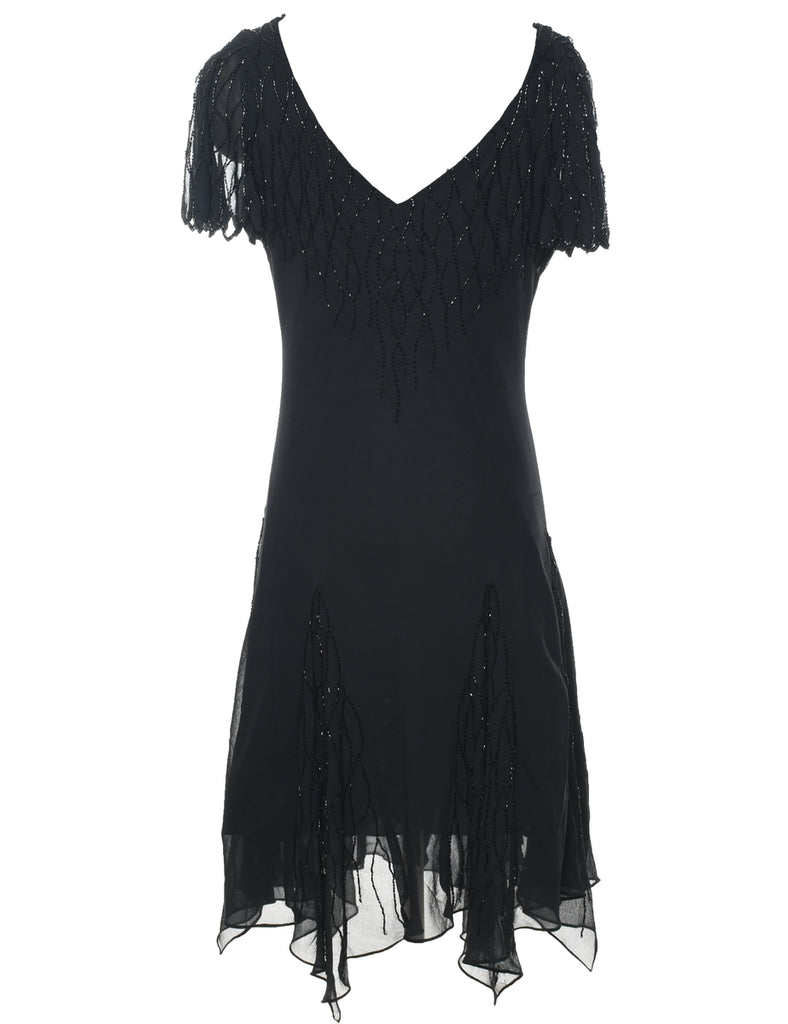 Beaded Black Handkerchief Hem Evening Dress - L