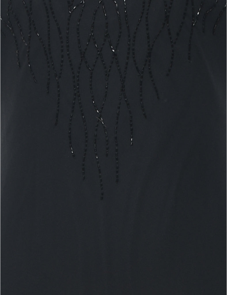 Beaded Black Handkerchief Hem Evening Dress - L