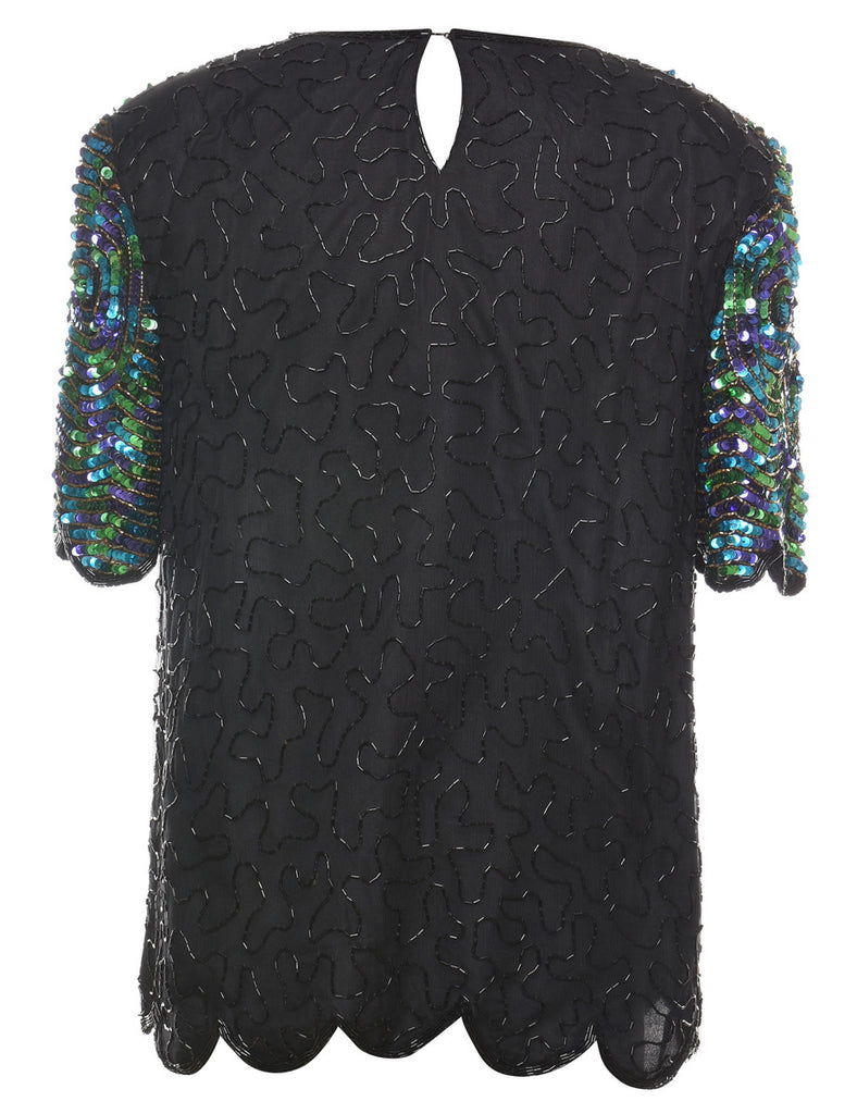 Beaded Black & Multi-Colour Evening Top - L