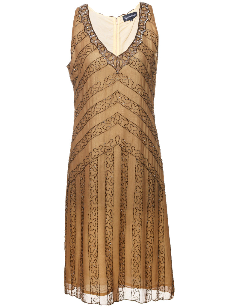 Beaded Bronze & Brown Sleeveless Evening Dress - M