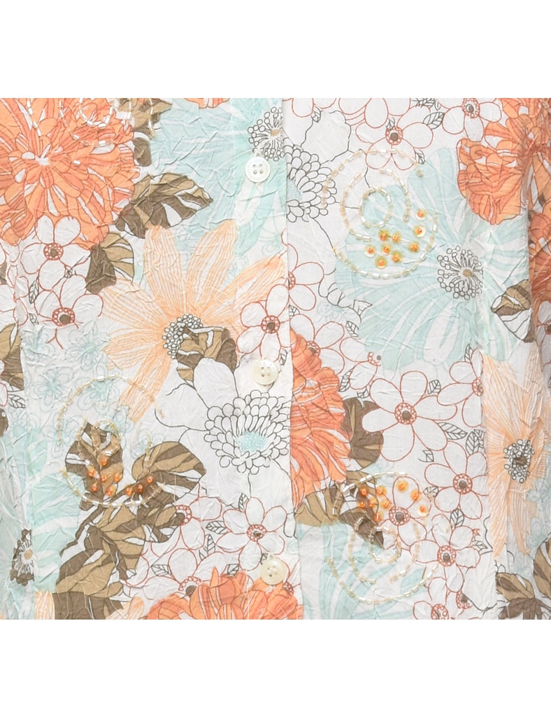 Beaded Floral Print Blouse - L