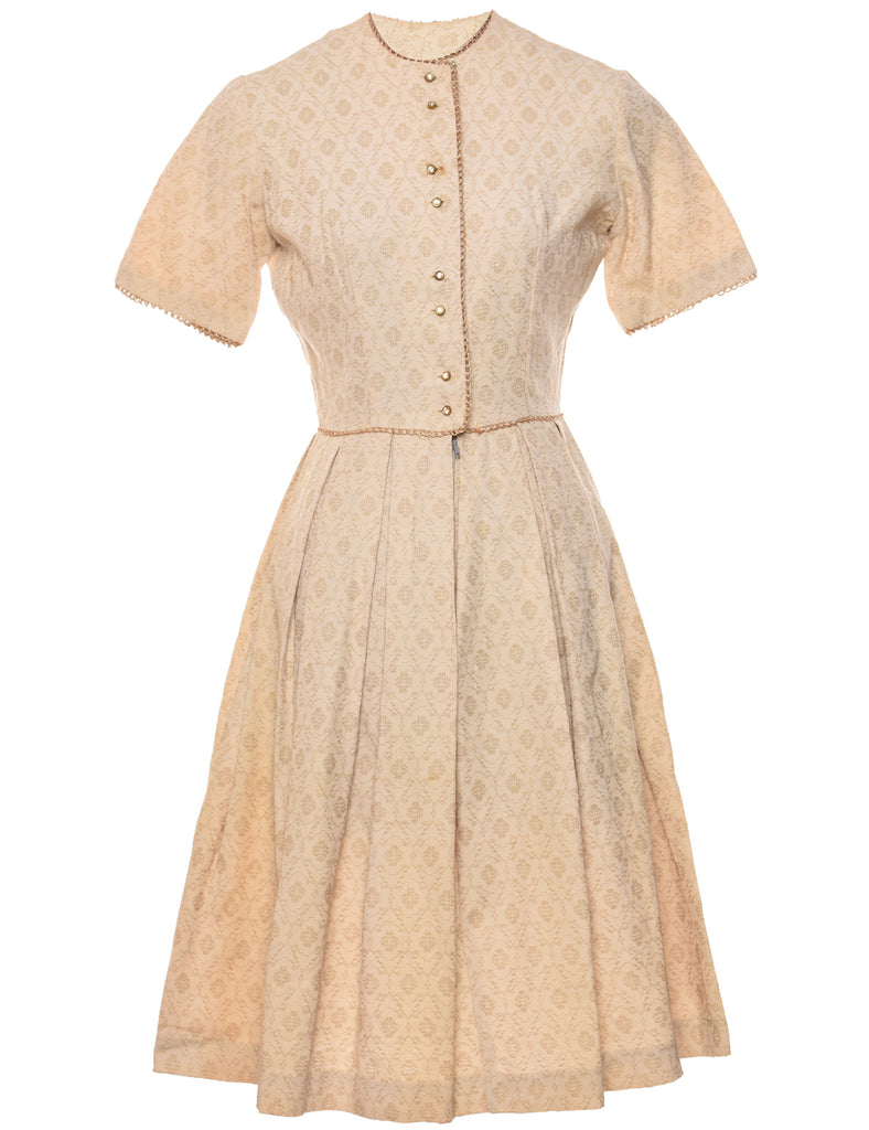 Beige & Gold Sparkly Button-Front 1950s Pleated Dress - M