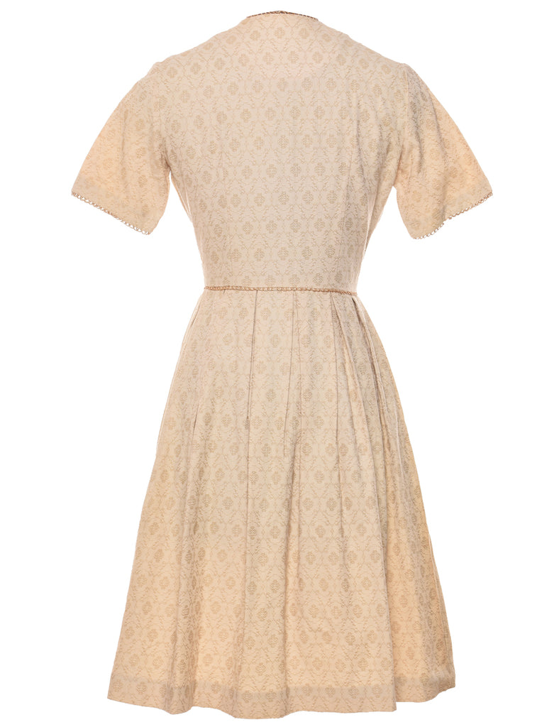 Beige & Gold Sparkly Button-Front 1950s Pleated Dress - M