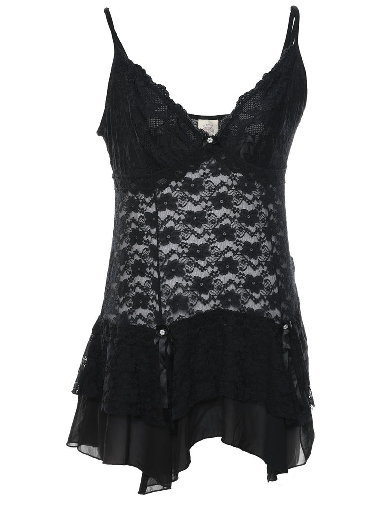 Black 1990s Lace Ruffled Sheer Slip - L