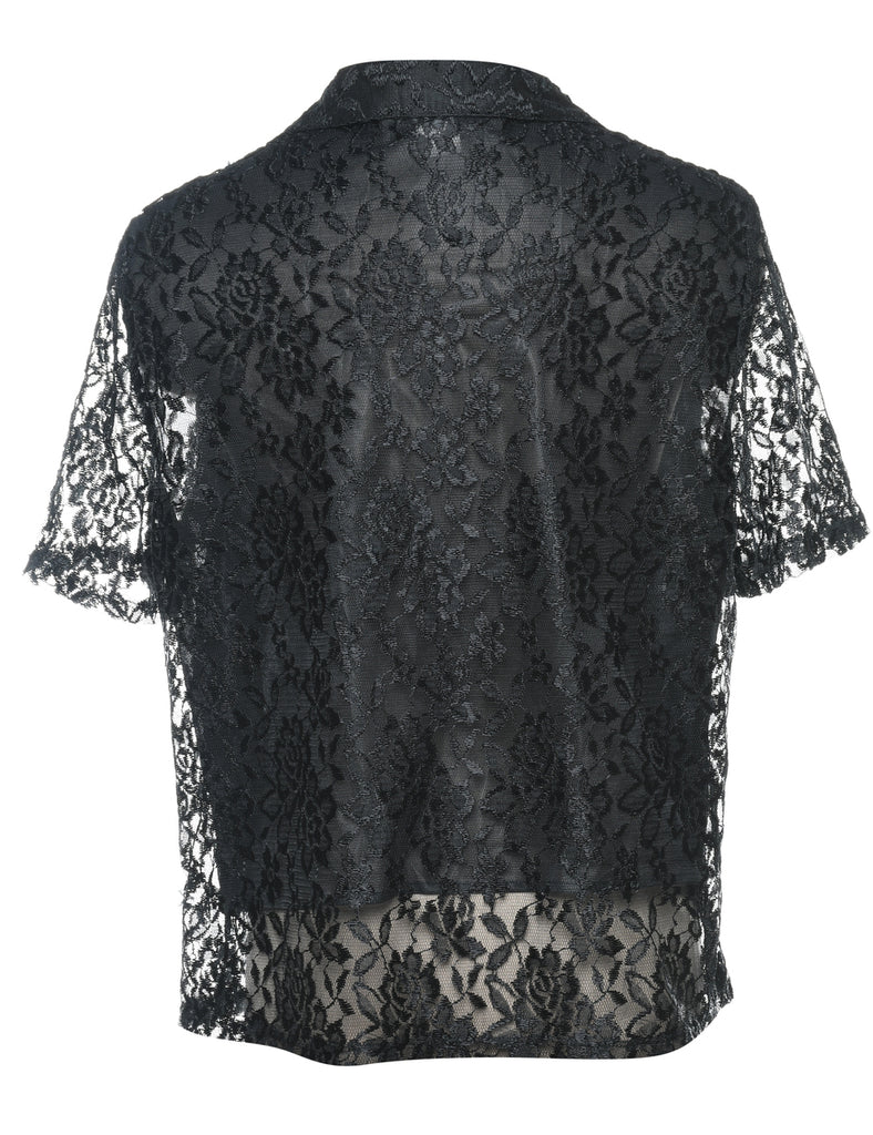 Black 1990s Lace Short Sleeve Blouse - L