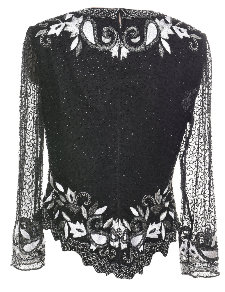 Black Beaded Silk Party Top - S