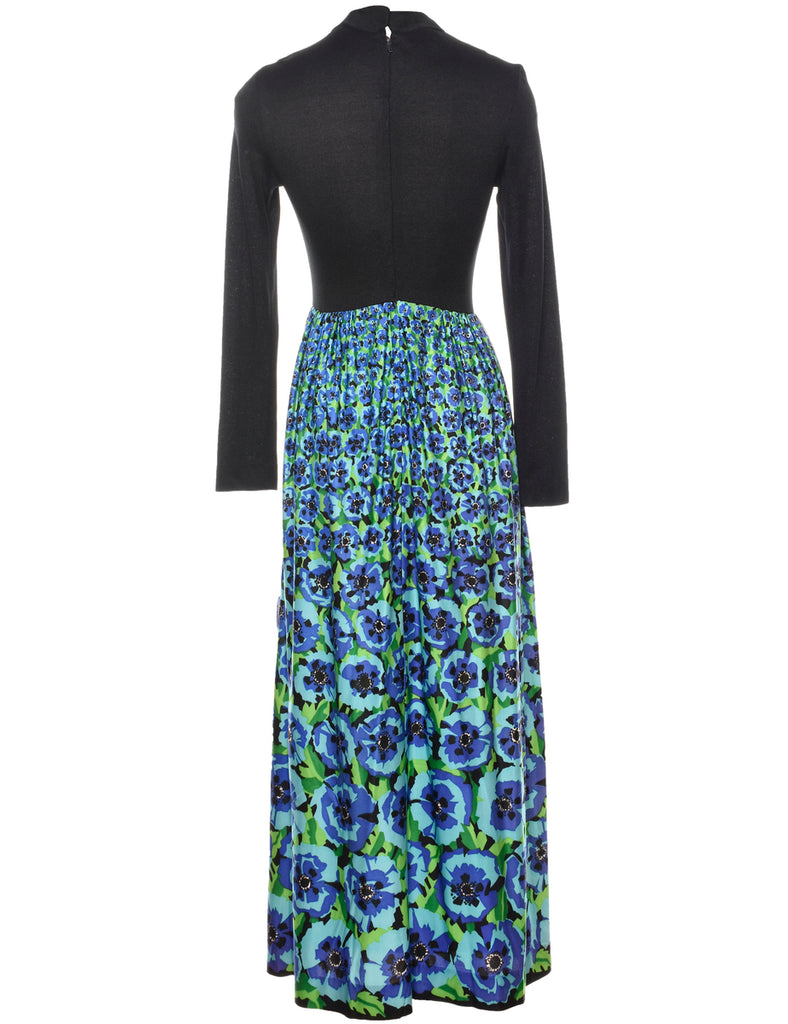 Black, Blue & Green Floral 1970s Maxi Dress - S