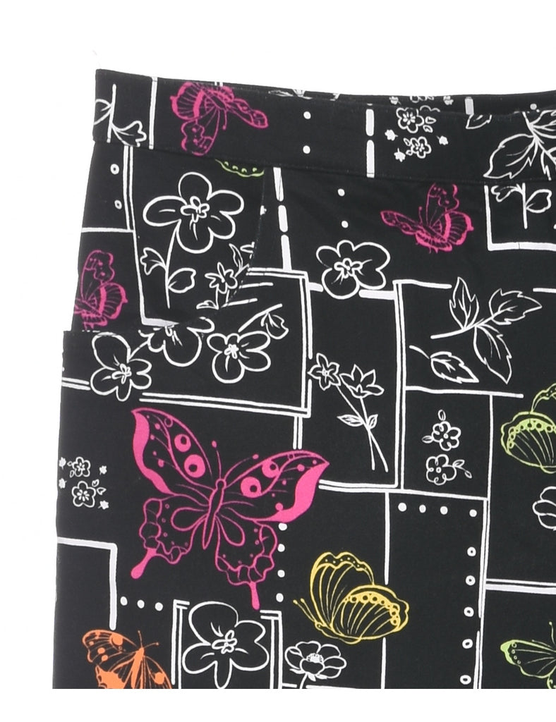 Black Butterfly Print Trousers - W34 L25