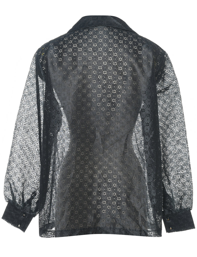 Black Classic 1980s Sheer Lace Evening Blouse - L