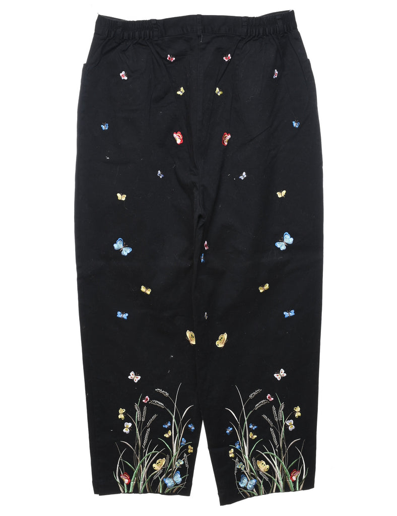 Black Embroidered Butterfly Design Tapered Trousers - W32 L28