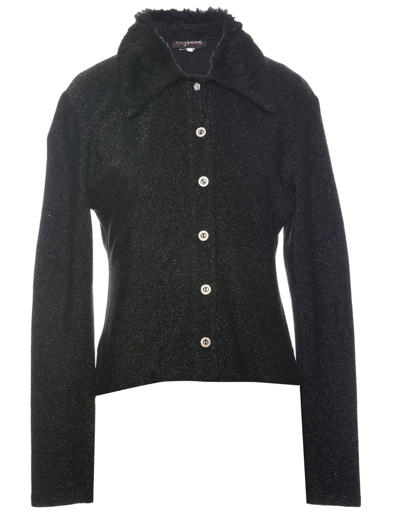 Black Faux Fur Trim 1990s Evening Jacket - M