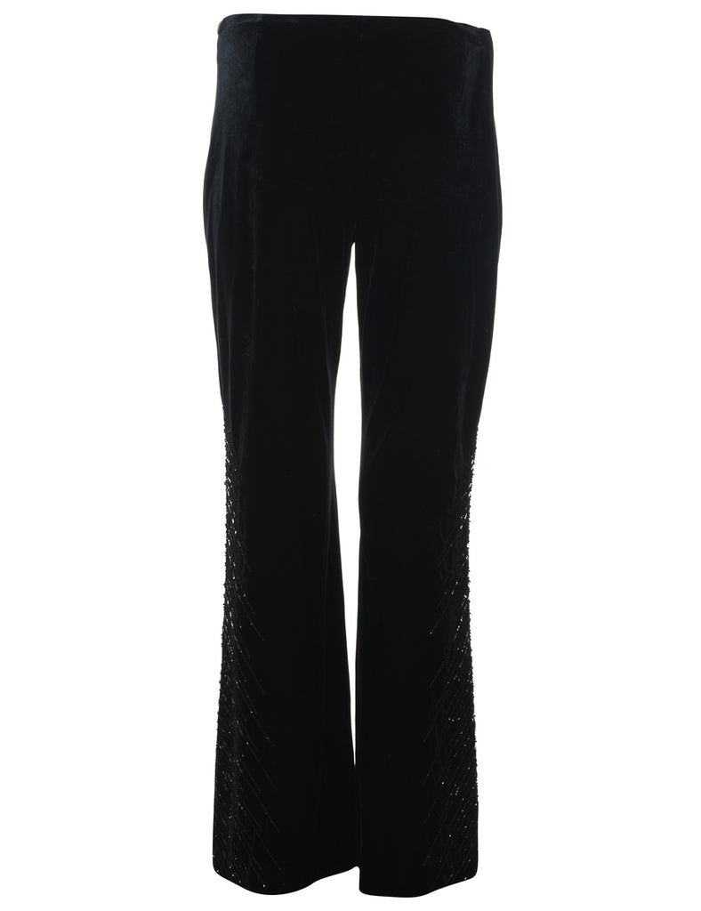 Black Flared Leg Sequins Velvet Trousers - W32 L32