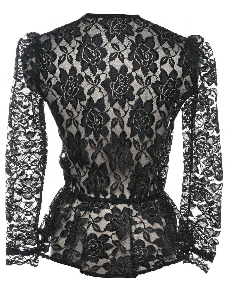 Black Floral Lace 1980s Puff Sleeve Blouse - M