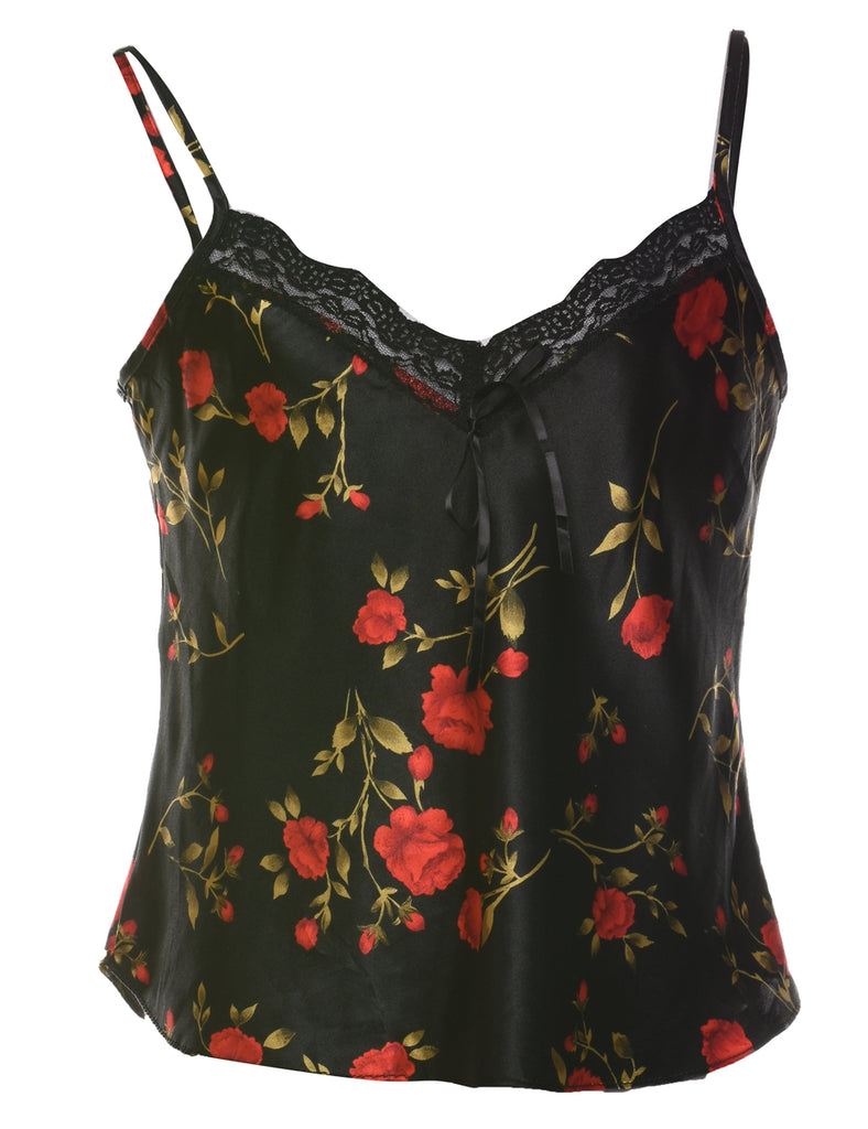 Black, Red & Green Floral Print Lace Trim Babydoll - S