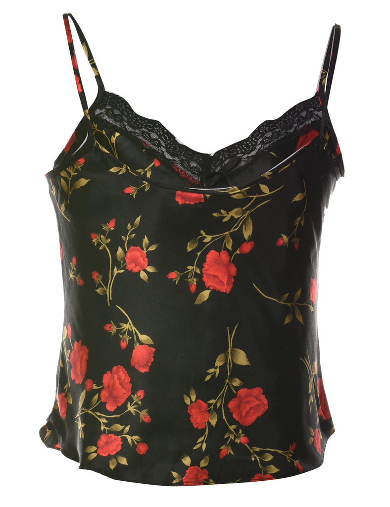 Black, Red & Green Floral Print Lace Trim Babydoll - S