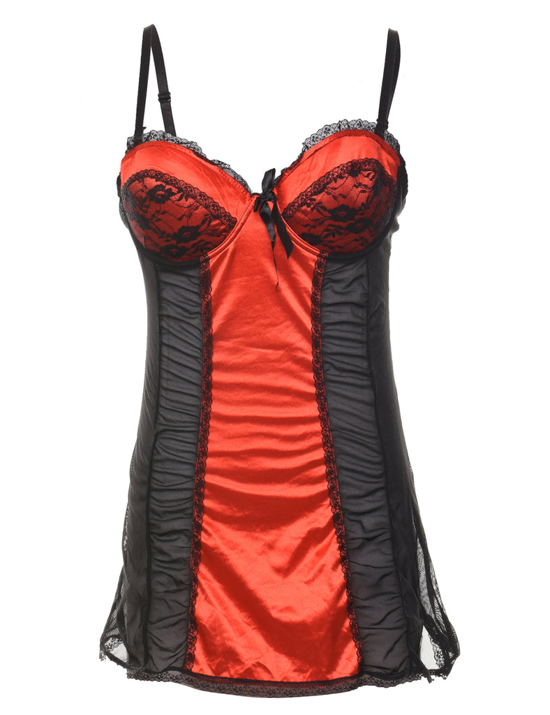 Black & Red Lace Trim 1990s Babydoll - S