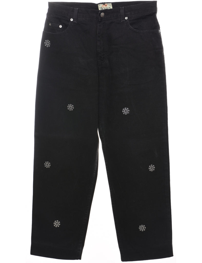 Black Tapered Snowflake Embellished Jeans - W32 L2