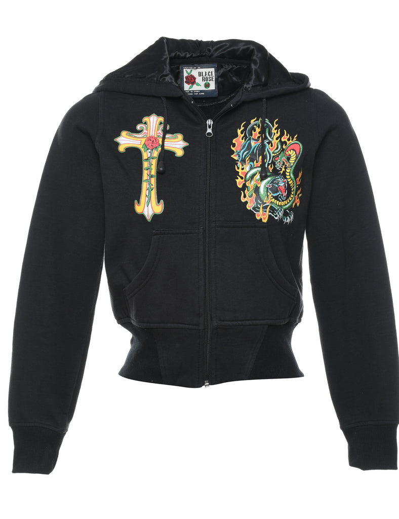 Black Y2K Ed Hardy Style Velour Hoodie - M