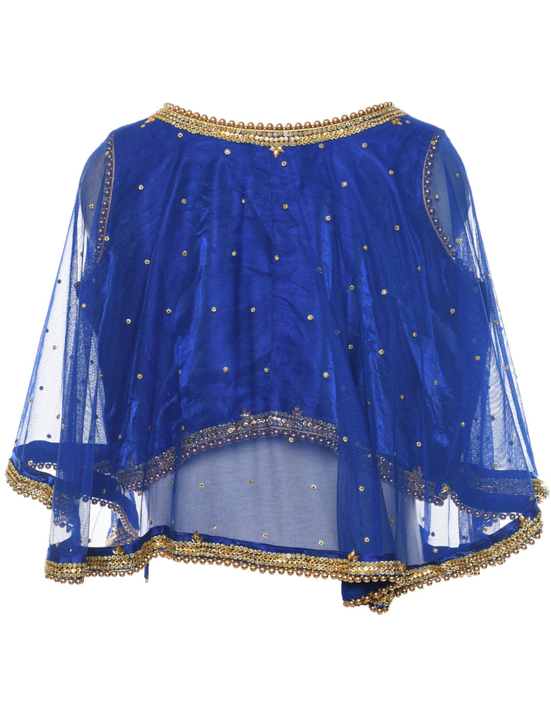 Blue & Gold Sparkly Sheer Evening Top - L