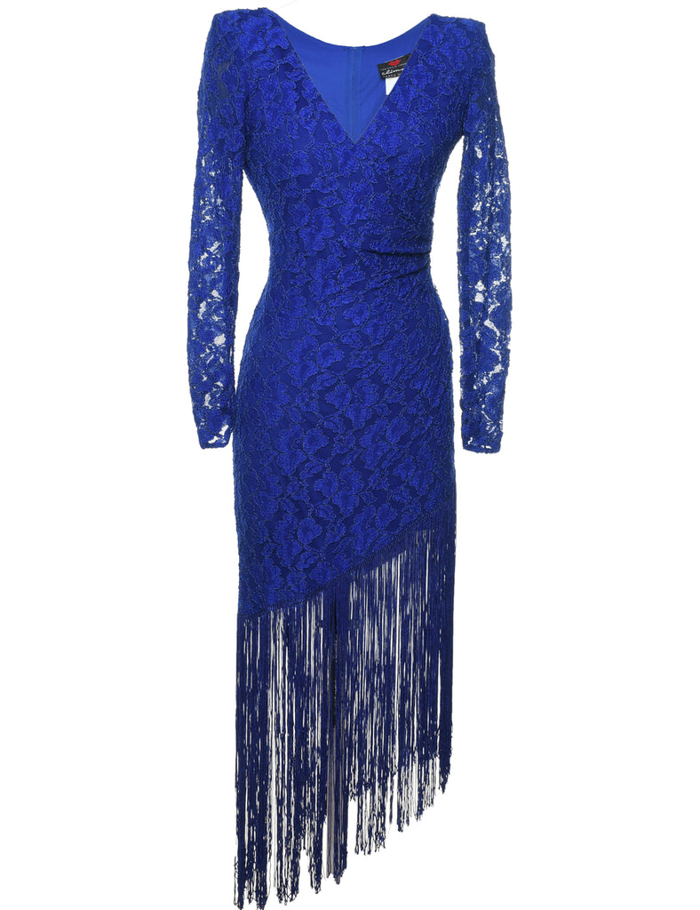 Blue Lace Fringed Asymmetric Hem Evening Dress - M