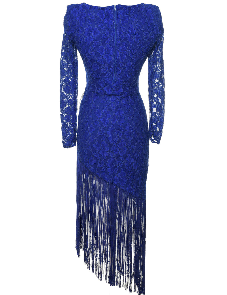 Blue Lace Fringed Asymmetric Hem Evening Dress - M