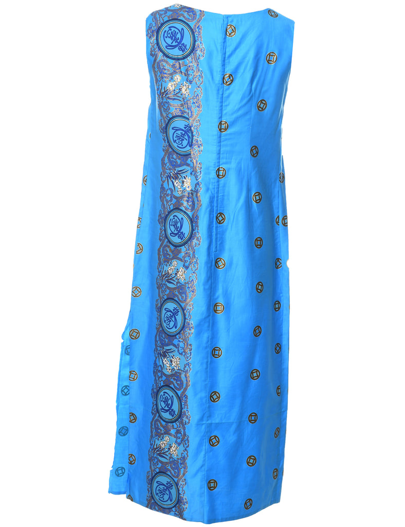 Blue Paisley Print 1970s Dress - M