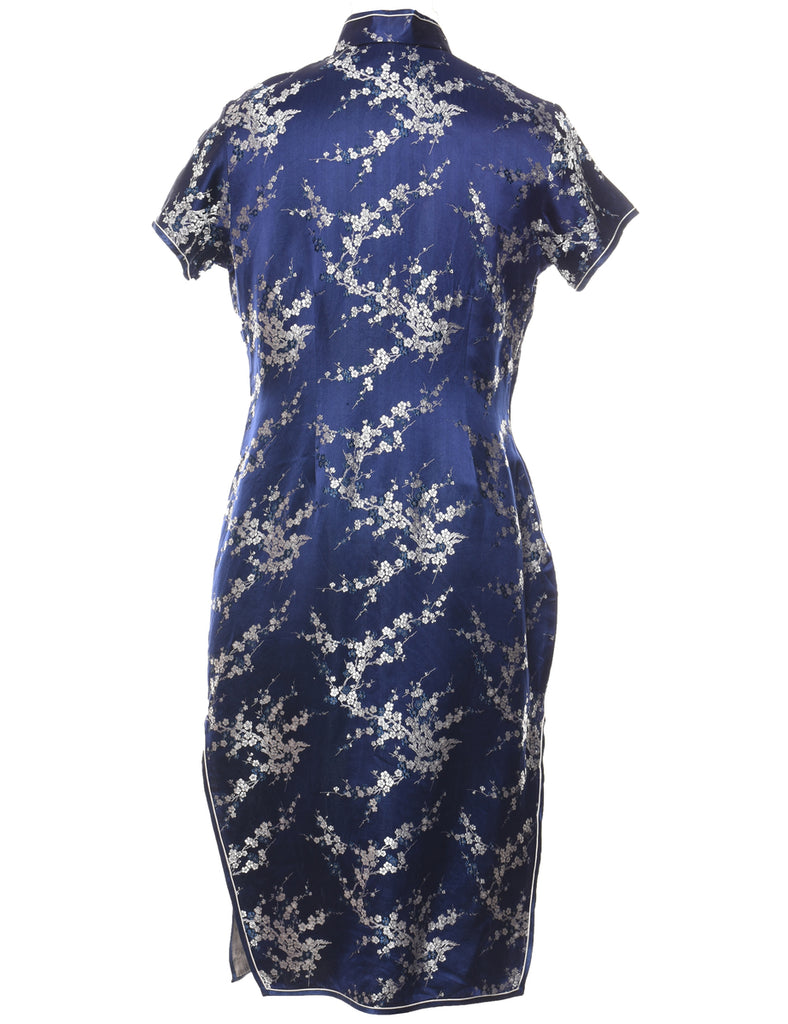 Brocade Design Navy & Silver Metallic Evening Dress - M