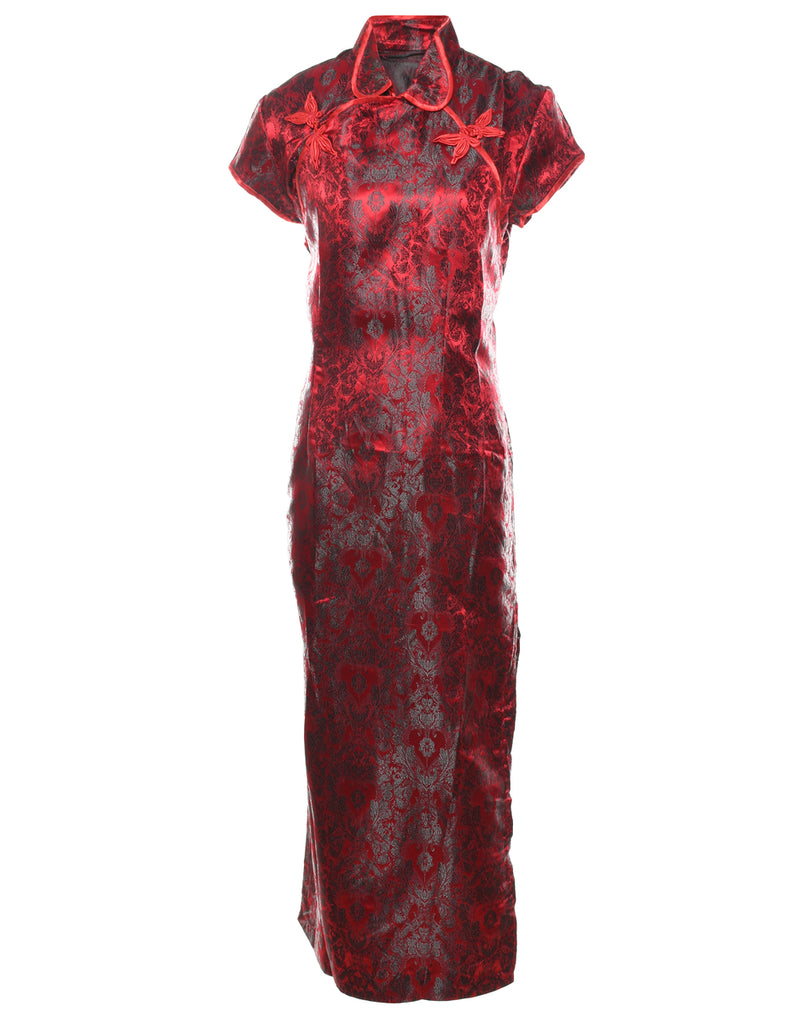 Brocade Design Red & Black Shiny Dress - L