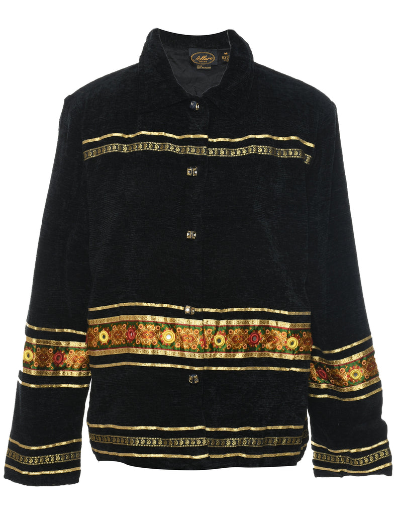 Button Front Black & Gold Embroidered Jacket - M