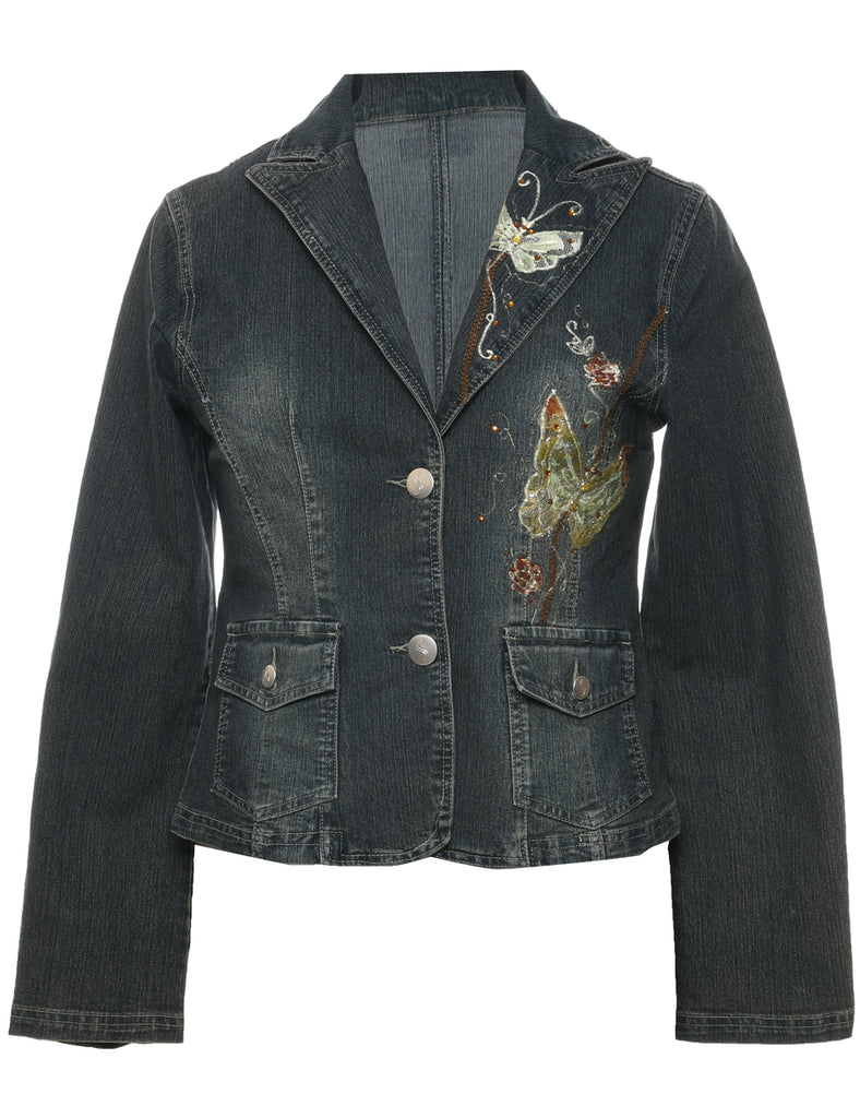 Button Front Y2K Embroidered Denim Jacket - M