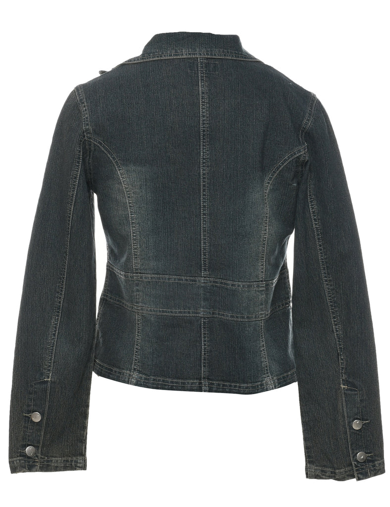 Button Front Y2K Embroidered Denim Jacket - M