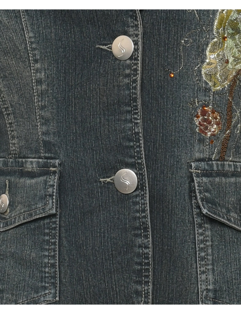 Button Front Y2K Embroidered Denim Jacket - M