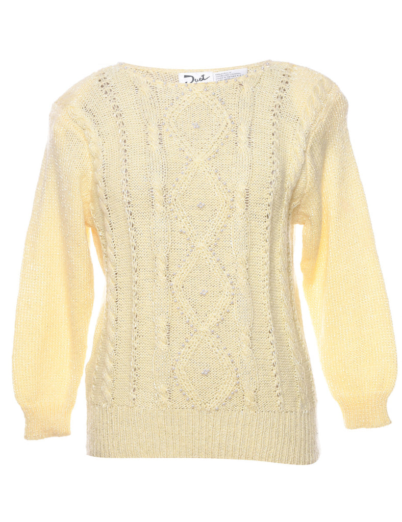 Cable Knit Pale Yellow Sparkly Jumper - M