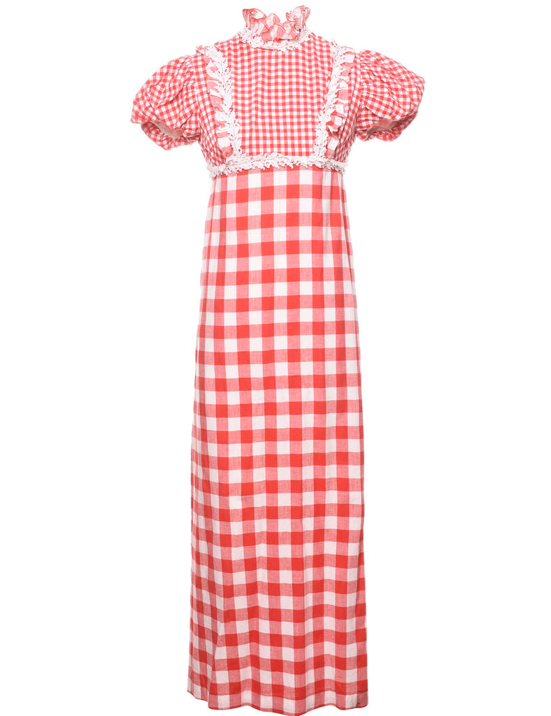 Checked Red & White 1970s Maxi Dress - XS