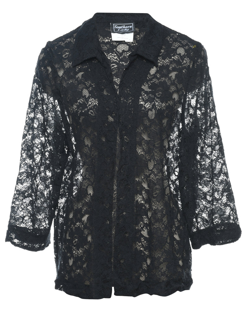 Classic Black Lace 1990s Sheer Blouse - L