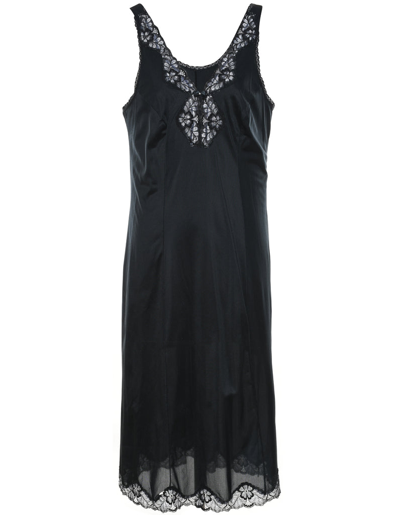 Classic Black Lace Trim Slip Dress - L