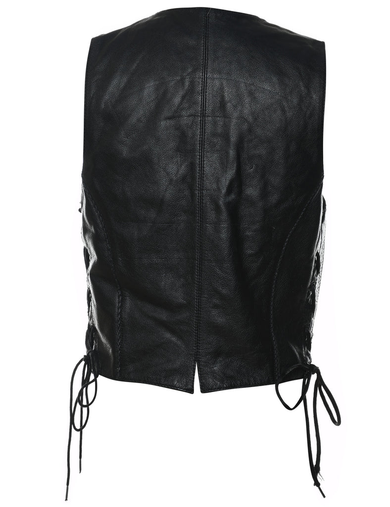 Classic Black Leather Embroidered Waistcoat - M