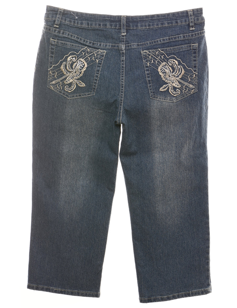 Cropped Stonewash Y2K Floral Embroidered Jeans - W32 L19