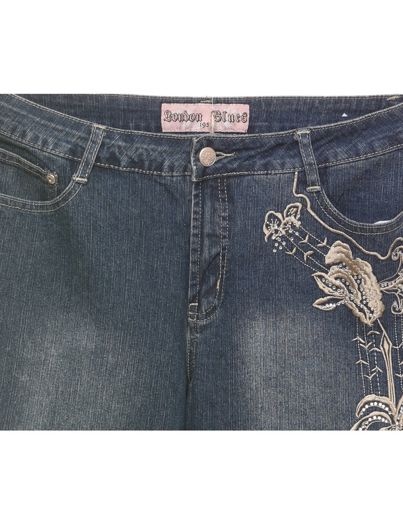 Cropped Stonewash Y2K Floral Embroidered Jeans - W32 L19