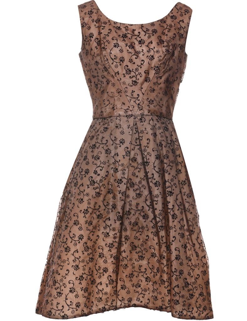 Ditsy Floral Design Black & Beige 1960s Dress - M