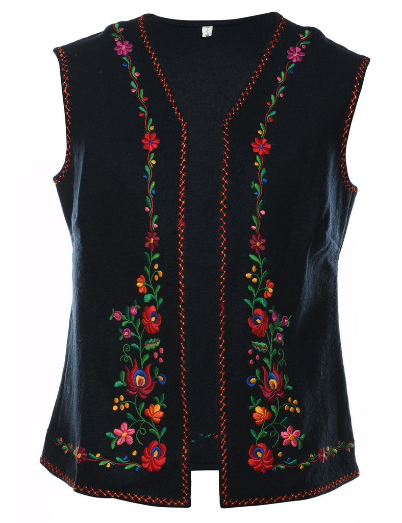 Embroidered Black Floral Design Waistcoat - M