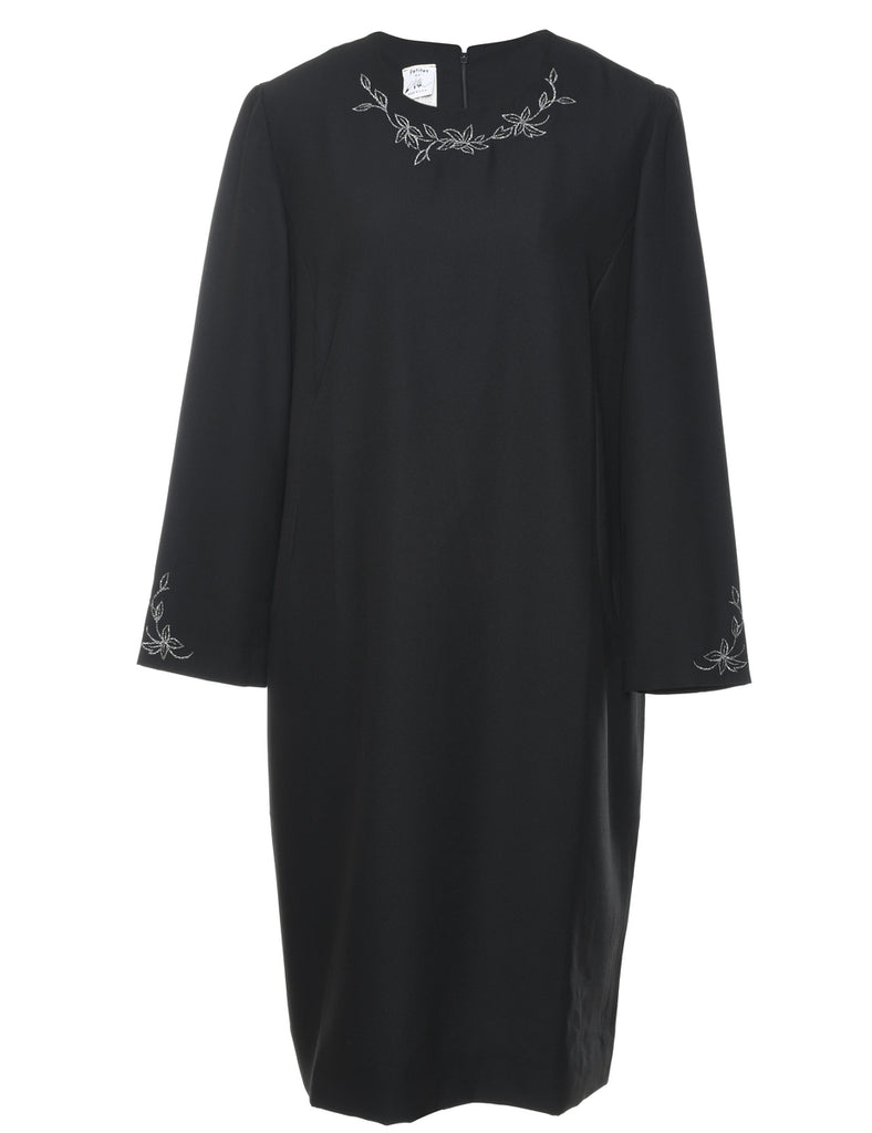 Embroidered Black Shift Dress - L